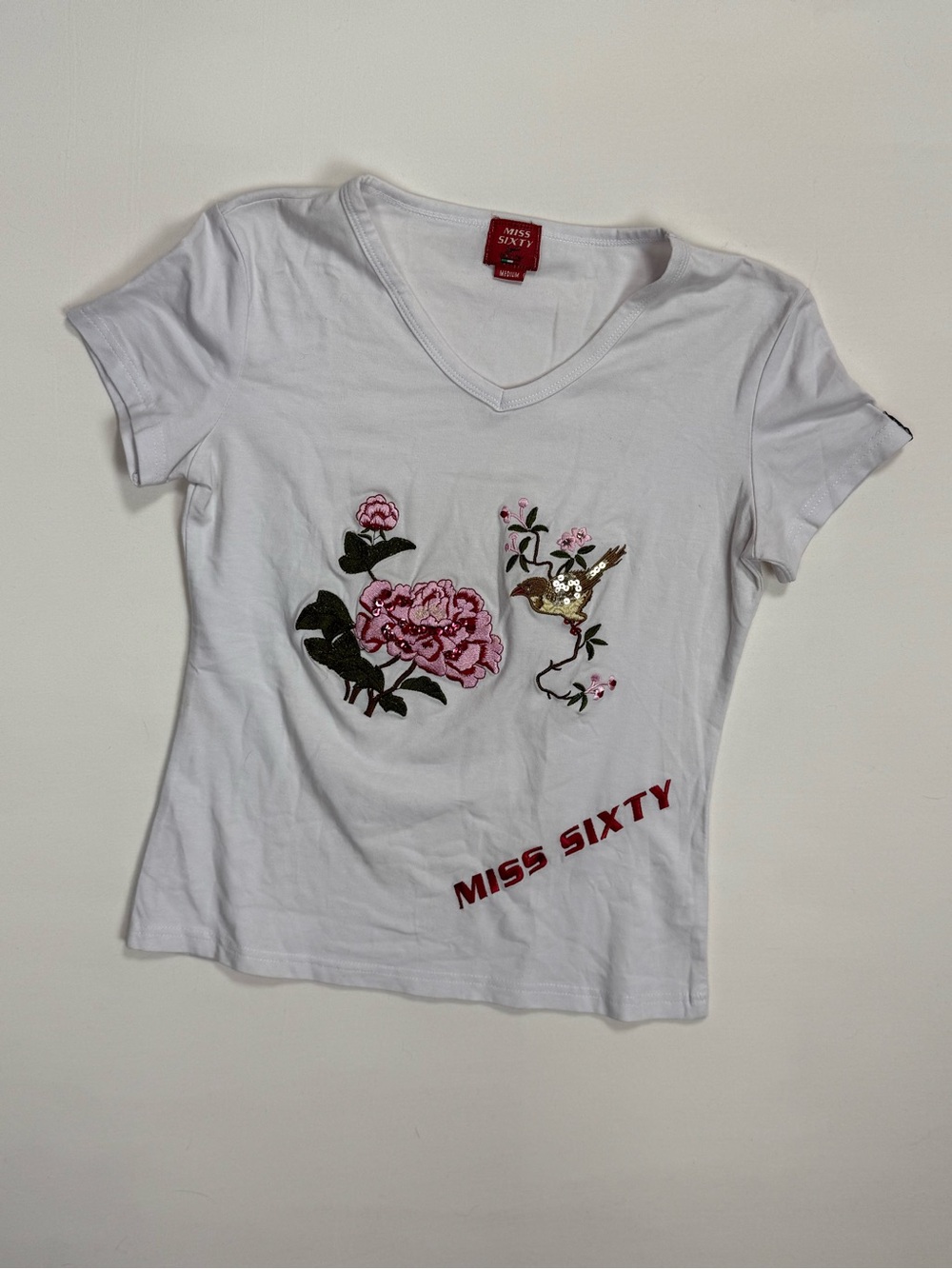 Miss Sixty White V-Neck Tee with Pink Floral & Gold Bird